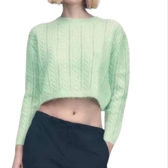 Zara Mint Green Alpaca Wool Blend Cropped Cable Knit Cropped Sweater Size Medium - Picture 1 of 10